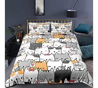 Juego de Cama Gato Animados 3D Negro Gris Rosa Gatito Funda Nórdica Estampado 3D Microfibra Niña Mujer Bedding Funda de Edredón y Funda de Almohada 50x75 cm (Amarillo, 220x240 cm,Cama 150 cm)