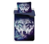 Juego de cama infantil reversible con lobo gris, diseño de animales salvajes, edredón de 140 x 200 cm y almohada de 70 x 90 cm, 100% poliéster