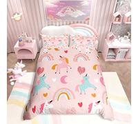 Juego de cama infantil unicornio para niñas, 220x240 cm, juego de cama arcoíris para adolescentes, bebé, rosa, juego de cama con 2 fundas de almohada, bonito diseño unicornio