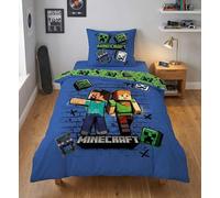 Juego de cama Minecraft - Funda nórdica de 135 x 200 cm + funda de almohada 80 x 80 - Microfibra ultra suave - Diseño oficial Steve, Alex & Creeper - Reversible Niño/Adolescente