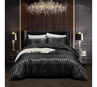 Juego de cama negro de 240 x 260 cm, para adulto, satén a rayas, para 2 personas, juego de funda nórdica de seda lisa, lisa, sedosa, brillante, con cremallera y 2 x 65 x 65 cm, fundas de almohada