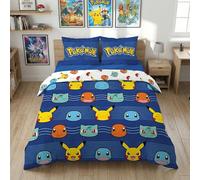 Juego de cama oficial Pokémon de 240 x 220 cm, funda nórdica reversible Pikachu, Bulbizarre, Salamèche, Carapuce + 2 fundas de almohada de 65 x 65 - 100% poliéster, fácil cuidado