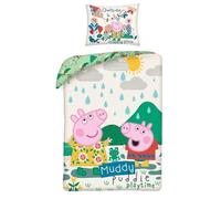 Juego de Cama Peppa y George Jugando en el Charco Original Funda nórdica Reversible 140x200cm + Funda de Almohada 70x90cm - 100% Algodón - Multicolor - con Bolsa