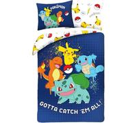 Juego de cama Pokemon Catch Them All, funda nórdica azul 140 x 200 cm + funda de almohada de 65 x 65 cm, con Pikachu, Salamèche, Bulbizarre y Carapuce