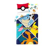Juego de cama Pokemon Evolution para niños, funda nórdica reversible de 140 x 200 cm + funda de almohada, con Pikachu, Tortank (Carapuce), Dracaufeu (Salamèche) y Florizarre (Bulbizarre)