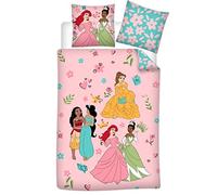 Juego de cama Princesas Disney 100% algodón, funda nórdica de 135 x 200 cm + funda de almohada de 80 x 80 cm, con jazmín, Vaiana, Ariel, Belle y Tiana