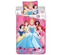 Juego de cama Princesas Disney Hearts, 100% algodón, funda nórdica reversible y funda de almohada, con Ariel, Jasmine, Cenicienta, Bella y Blancanieves