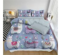 Juego de Cama Reversible Blue-Purple - Funda nórdica de con 1 Fundas de Almohada a Juego de 65 x 65 cm Cute Cartoon Alpaca Flowers con Cremallera