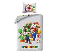 Juego de cama Super Mario 135 x 200 + 80 x 80 · Con Mario, Luigi, Toad, Peach, Wario y Yoshi · Juego de ropa de cama infantil de 2 piezas funda nórdica + funda de almohada · Tamaño alemán · microfibra