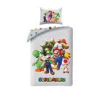 Halantex Juego de cama Super Mario reversible, funda nórdica de 140 x 200 cm y funda de almohada de poliéster con Mario, Luigi, Toad, Peach, Wario y Yoshi