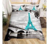 Juego de cama Torre Eiffel 140 x 200 cm niñas moda Teal Paris tema funda nórdica niños adolescentes mujeres decoración parís paisaje urbano impreso cama set microfibra estilo francés moderno