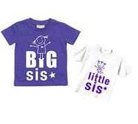 Juego de camisetas para hermanas con los textos en inglés "Big Sis" y "Little Sis" en color rosa o morado, Talla:Little 0-6 Months Big 0-6 Months