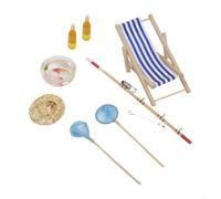 Juego de caña de pescar en miniatura con figura de sombrero de red de silla | Contiene caña, silla, 2 redes, sombrero, cuenco, botellas de cerveza, perfecto para escenas de puerta de amigo invisible