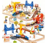 Juego de carriles de madera 'Modern City Trail Toy Trail System Rails, Carros, Puentes, Grúas, Plataforma y Más - Juego de tren de madera de 94 piezas Juguetes de madera a partir de 3 años