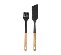 Juego de cepillo de cocina y raspador de silicona con mango de madera, resistente al calor y herramientas de cocina con agujero para colgar para una fácil organización (negro)