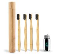 Juego de cepillo de dientes de bambú ecológico, 1 portacepillos de bambú de viaje, 4 cepillos de dientes biodegradables de bambú suave, 1 botella de hilo dental de carbón de bambú y menta