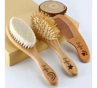 Juego De Cepillo Y Peine For Bebé De 3 Piezas For Recién Nacidos Y Niños Pequeños, Cepillo De Madera Personalizado For Bebé, Peine De Lana For Bebé Con Nombre Personalizado, Cepillo For El Cabello