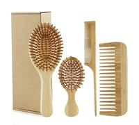 Juego de cepillos de bambú 4pcs Cepillo para el cabello de bambú El crecimiento del cabello, incluye peine de dientes anchos, peine de cola, gran y mini paleta para brillo y la salud, masaje de cu