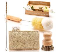 Juego de cepillos de bambú para platos - Kit de cepillo de madera hecho a mano con cepillo de bambú que no raya, un depurador de botellas de sisal largo, una esponja natural de celulosa de lufa y un