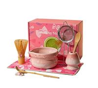 Juego de ceremonia de Matcha japonés de 8 piezas con glaseado flameado, Chasen de rito Hyakuhon y chawan japonés con pico(Pink 8pcs)