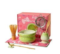 Juego de ceremonia de Matcha japonés de 8 piezas con glaseado flameado, Chasen de rito Hyakuhon y chawan japonés con pico(Green A 8pcs)