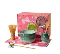 Juego de ceremonia de Matcha japonés de 8 piezas con glaseado flameado, Chasen de rito Hyakuhon y chawan japonés con pico(Green B 8pcs)