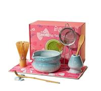 Juego de ceremonia de Matcha japonés de 8 piezas con glaseado flameado, Chasen de rito Hyakuhon y chawan japonés con pico(Blue 8pcs)