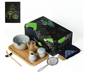 Juego de ceremonia TEANAGOO Matcha con bandeja, juego de té japonés, cuenco Matcha con pico vertedor, batidor de bambú Matcha, cuchara, tamiz, soporte para batidor Matcha, O2, gris oscuro