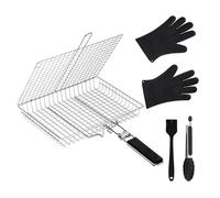 Juego de cesta de barbacoa de acero inoxidable, 32 x 46,5 cm, plegable para pescado y verduras, incluye accesorios para barbacoa como guantes de silicona y pinzas, accesorio robusto para barbacoa