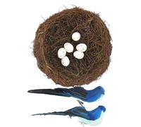 Juego de cesta de ratán natural para pajarera que incluye acento de plumas con huevos de imitación para primavera, accesorios de fotografía, decoración de nido de pájaros de Pascua