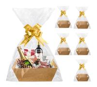 Juego de cestas de regalo, 6 cestas vacías para regalos, canastas de regalo de cartón con asas, nudos de arco y bolsas de regalo transparentes, kit de cesta para fiestas de Navidad (color Kraft)