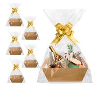 Juego de cestas de regalo, 6 cestas vacías para regalos, canastas de regalo de cartón con asas, nudos de arco y bolsas de regalo transparentes, kit de cesta para fiestas de Navidad (color Kraft)