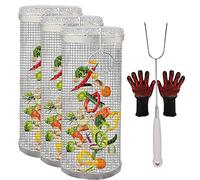 Juego de cestas para Asar a la Parrilla de Acero Inoxidable portátiles - Incluye Tenedor y Guantes, Ideal para Verduras, Pescado y Patatas Fritas - Apto para lavavajillas, diseño Compacto (3