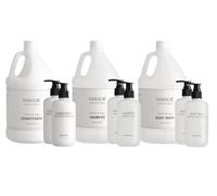 Juego de champú y acondicionador y gel de baño de hotel en tamaño de galón con botellas recargables de 10.5 onzas a juego, 9 piezas de suministros de hotel y artículos de tocador de gran capacidad por