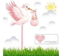 Juego de cigüeña de cascabel para nacimiento del bebé, 83 cm de alto, grande y bonita cigüeña de madera para bebé, impresión en ambos lados, incluye palo de madera + tarjeta de felicitación