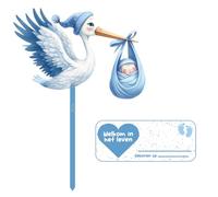 Juego de cigüeña de cascabel para nacimiento del bebé, cigüeña de nacimiento para exterior, azul, 81 cm, grande, bonita cigüeña de madera para bebé, impresa en ambos lados, incluye palo de madera +