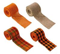Juego de cintas de arpillera otoñales con 4 rollos, 5 yardas cada uno, 2.48 pulgadas de ancho, bordes de alambre para dar forma, diseños naranja y a cuadros para Acción de Gracias, coronas de Navidad