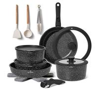 Juego de Cocina Antiadherente 18 Piezas - Ollas y Sartén con Mango Extraíble - Apto para Inducción - Sin PFOA - Fácil de Lavar a Mano (Negro)