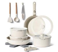 Juego de Cocina Antiadherente 18 Piezas - Ollas y Sartén con Mango Extraíble - Apto para Inducción - Sin PFOA - Fácil de Lavar a Mano (beige)