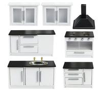 Juego de cocina artesanal pequeño de 7 piezas, modelo de roble realista, muebles de casa, escala 1 12, modelo en miniatura, cubierta de cocina