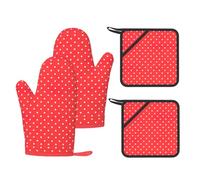 Juego de cocina con estampado de lunares rojos y blancos con guantes de horno resistentes al calor y soportes antideslizantes para hornear a la parrilla