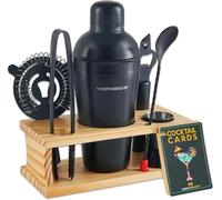 Juego de cóctel de 8 piezas: coctelera de acero inoxidable, vaso medidor, colador, cuchara para mezclar, pinzas, abrebotellas, soporte de madera y tarjetas de recetas para fiestas y días festivos