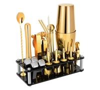 Juego de coctelera de coctelera Boston de 23 piezas, kit de camarero de acero inoxidable con soporte acrílico y folleto de recetas de cóctel, fiesta, color dorado