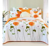 Juego de Colcha Reversible con Costuras tamaño Queen, Color Naranja, Dalia, Funda de Cama de algodón Suave, Colcha Ligera de Doble patrón, Juego de Ropa de Cama Acolchada Blanca para Todas Las