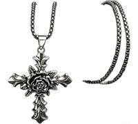 Juego de collar con cruz de flores que incluye pulsera y anillo, joyería unisex de moda urbana con detalles de números romanos, 60 cm, plata (collar de plata)