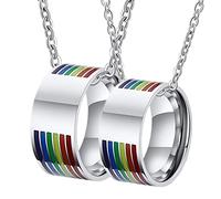 Juego de collar de acero inoxidable a juego, collar de promesa para parejas, anillo LGBT plateado con esmalte arcoíris de 10 mm, No es una piedra preciosa