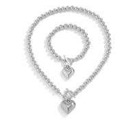 Juego de collar de cadena de cuentas de bola de color dorado simple con colgante de corazón, elegante accesorio de cuentas para mujer, collar de declaración para mujer, A, como se describe, como se
