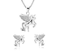 Juego de collar de cristal para mujer con circonita cúbica brillante, colgante de unicornio de plata de ley y pendientes de tuerca, regalo para mujeres y niñas, con caja de joyería de cadena de plata