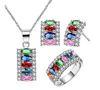 Juego de collar, pendientes y anillo de Uloveido T502 para fiesta con diseño de media luna, joyas bañadas en plata con 7 piedras, circonitas cúbicas, corte ovalado (T502) Multicolor