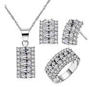 Juego de collar, pendientes y anillo de Uloveido T502 para fiesta con diseño de media luna, joyas bañadas en plata con 7 piedras, circonitas cúbicas, corte ovalado (T502) Blanco